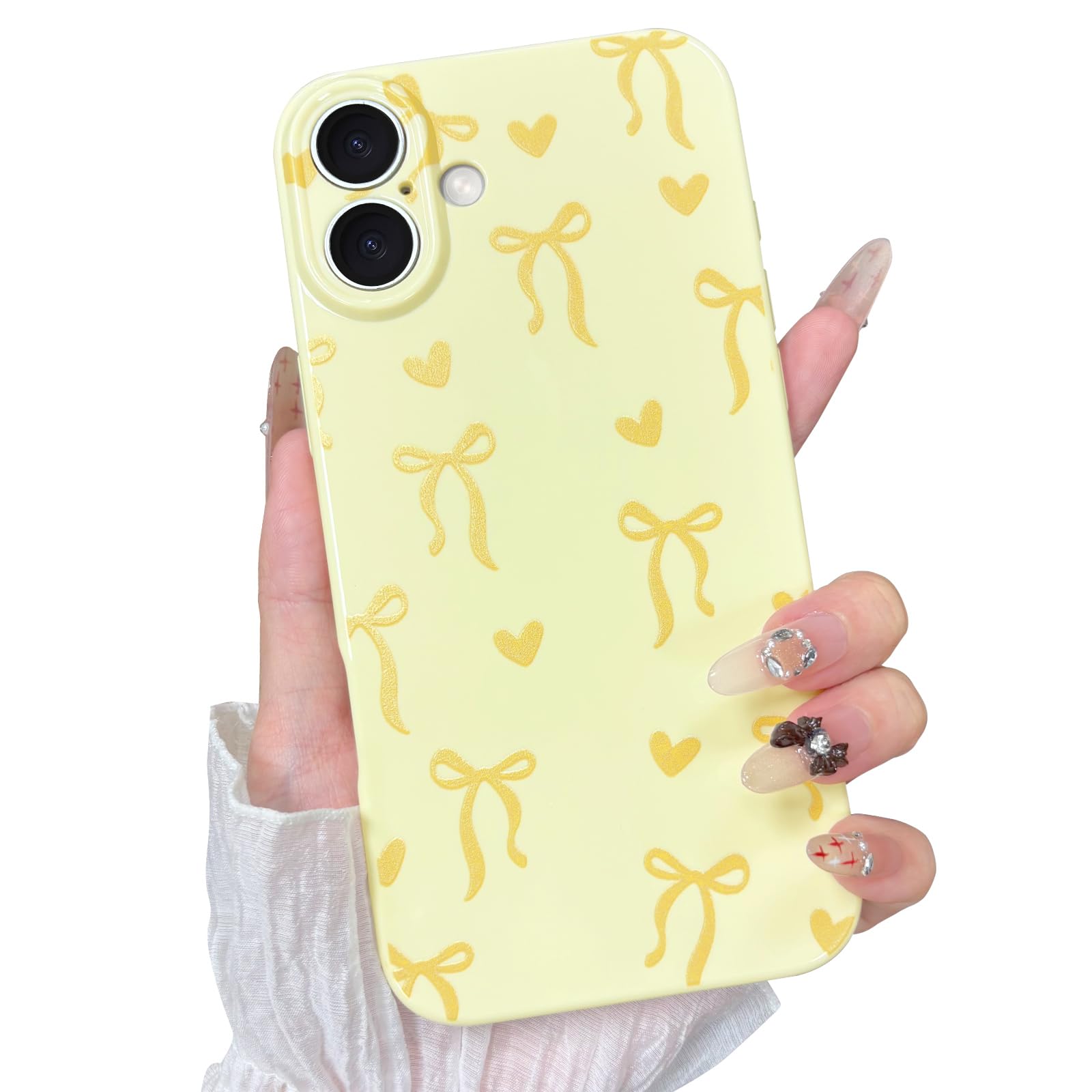 TKJSQ Case for iPhone 16 Plus, Cute Ribbon Bow Love Heart Pattern Aesthetic Gloss Phone Case, Raised Lens Edge Protection, Stylish Slim Soft TPU