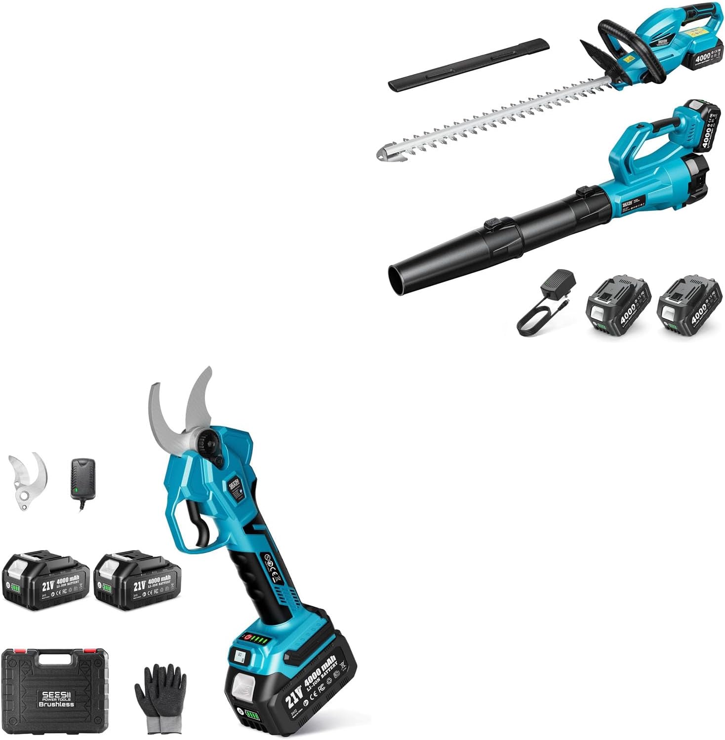 SEESII Cordless Hedge Trimmer and Leaf Blower Combo, 2 Pcs 4.0Ah Batteries+SEESII Electric Pruning Shears Cordless: 1.6" Cutting Diameter Power Pruner