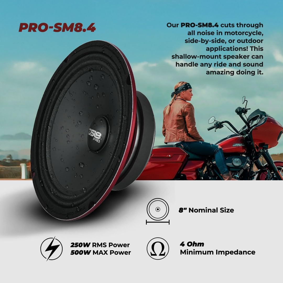 DS18 PRO-SM8.4 8-Inch Shallow Mount Midrange Speaker - 500W Max 250W RMS 4-Ohm Water-Resistant Loudspeaker for Car, Motorcycle, ATV, UTV and Powersports Off-Road Audio Systems - Single