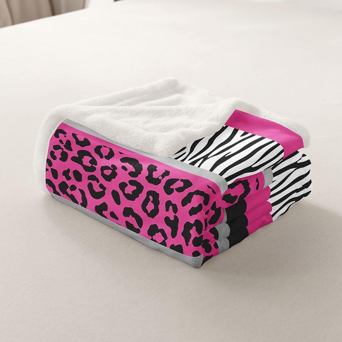 Zebra Stripes Sherpa Blanket with Leopard Print - Pink Black White Ultra Soft Plush Throw for Kids Girls - Wild Animal Skin Fuzzy Decor for Sofa Bed Couch - Queen 90x90 Inch