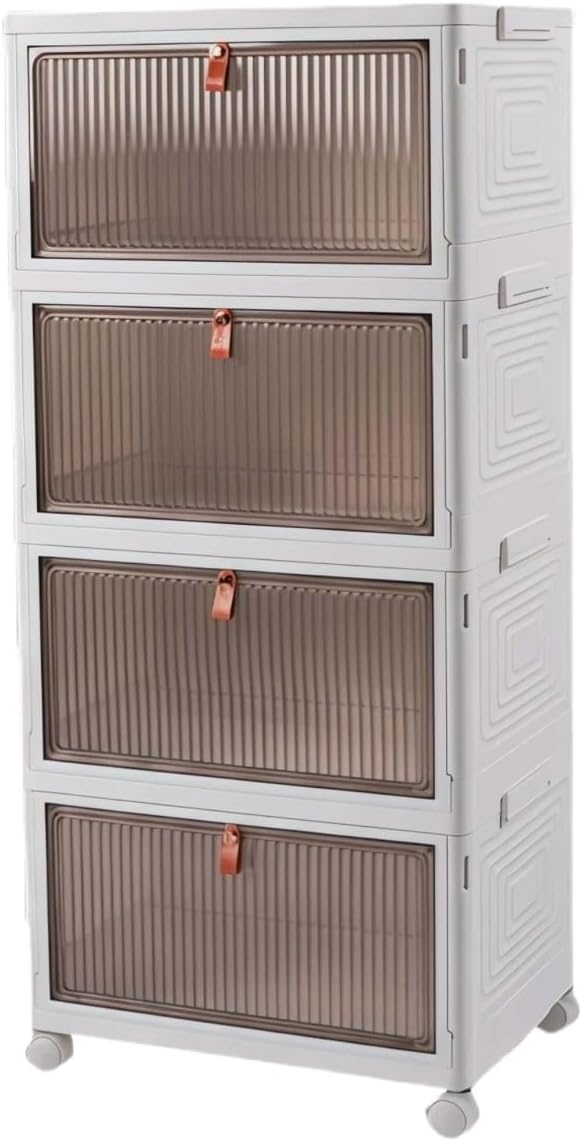 92 QT 4-Tier Folding Stackable Storage Bins With Lid, Wheels & Lockable Brakes, Dual Opening Magnetic Plastic Box, Install-Free Collapsible Organizer Container For Home, Office, Dorm & Classroom
