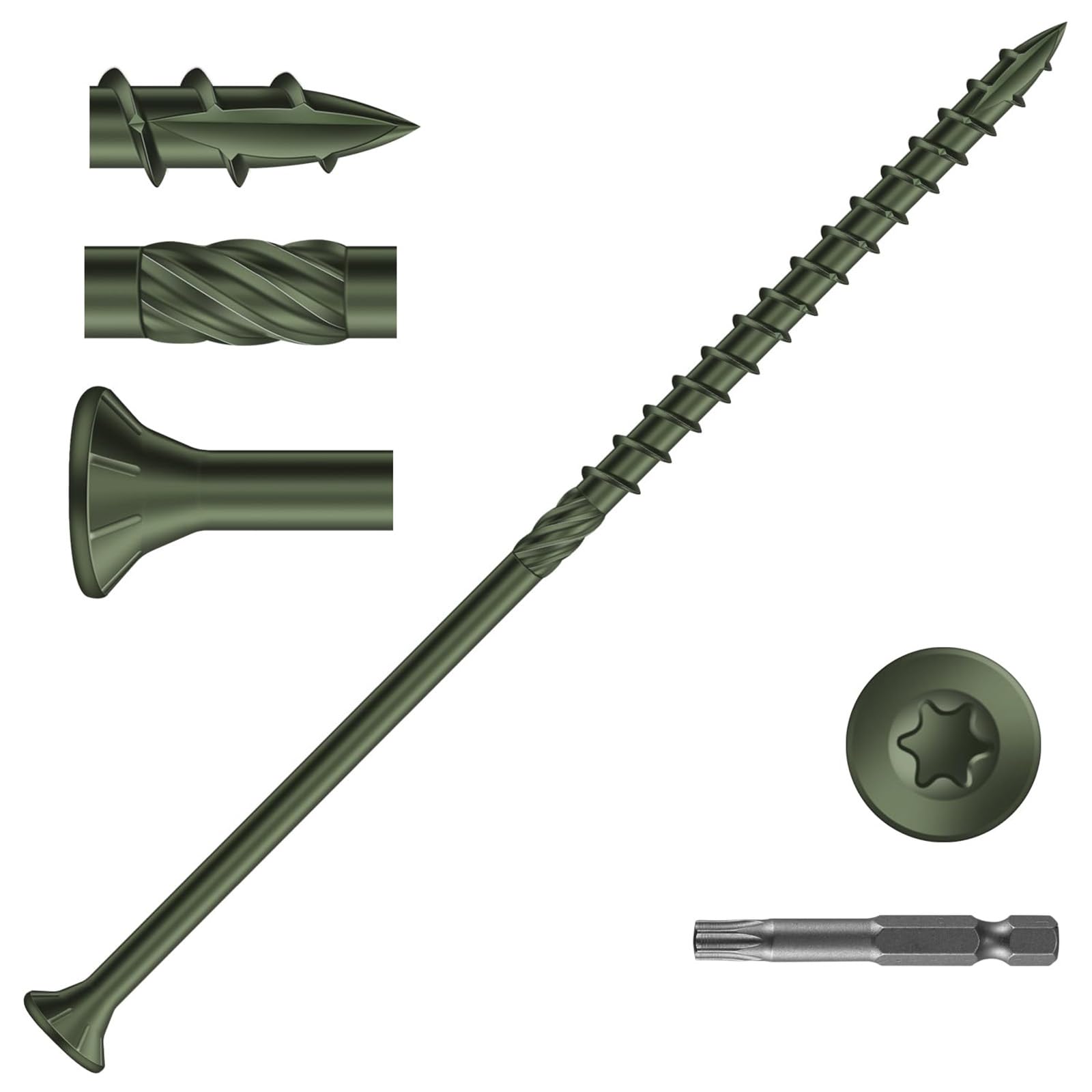 50Pcs 4.8 x 125mm Decking Screws, Green Wood Screws, Flat Head Deck Screw, Torx Drive Screw for Wood Timber, T25 Star Bit Included
