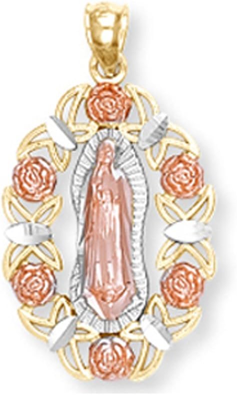 14K Gold Three Tone Our Lady of Guadalupe Openwork Floral Charm Pendant