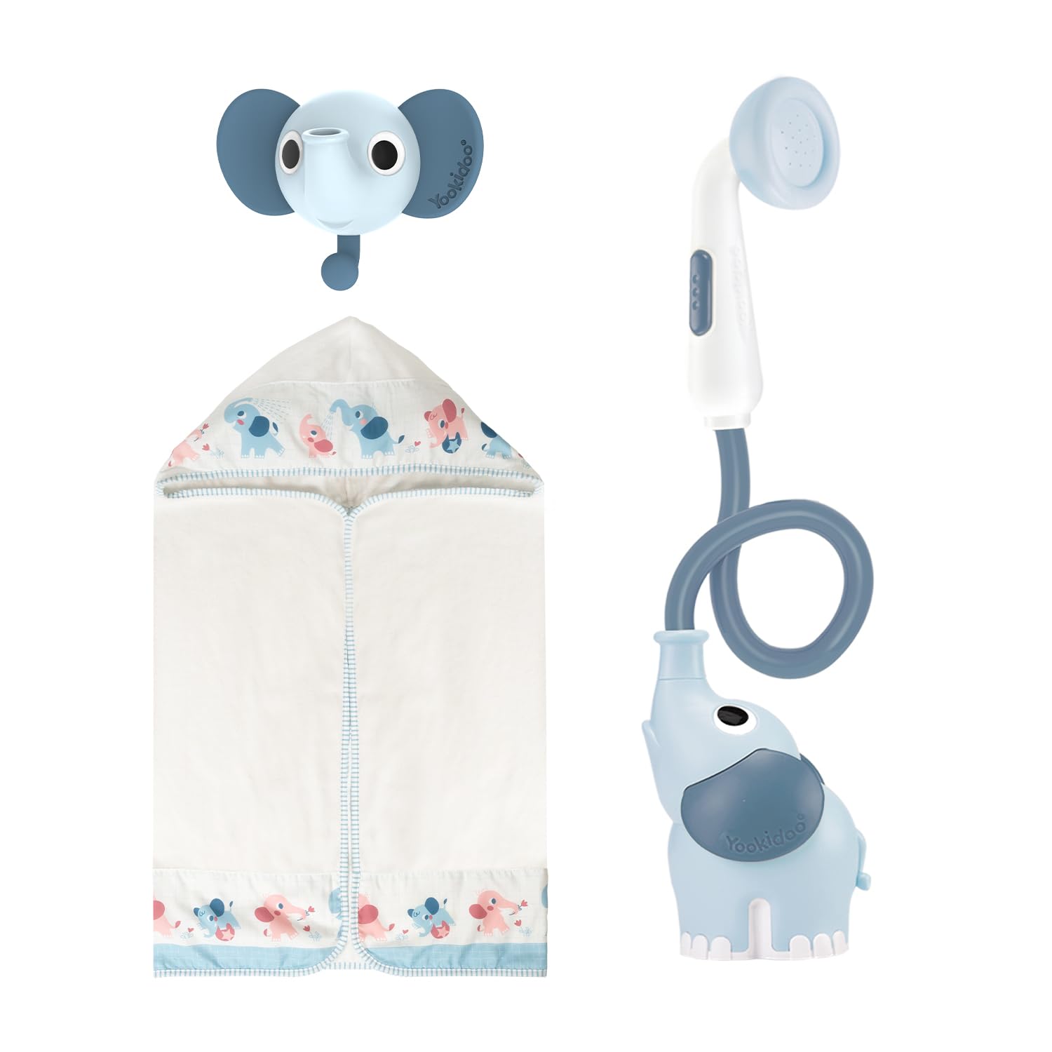 Yookidoo Baby Bath Shower Head - Elephant Water Pump with Trunk Spout Rinser - Control Water Flow from 2 Knobs for Maximum Fun in Tub or Sink for Newborn Babies (Cloudy Blue)