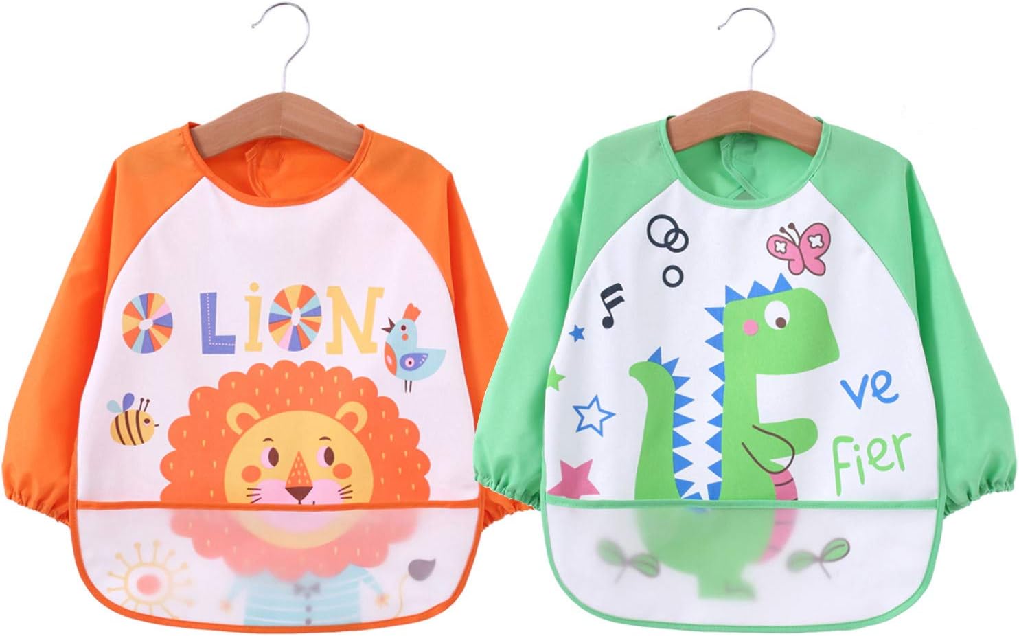 Babylaza Kids Waterproof Sleeved Feeding Bibs Long Sleeve Art Apron Smock Bib,Nursing Feeding Bibs,6 Months+ (Orange + Green)