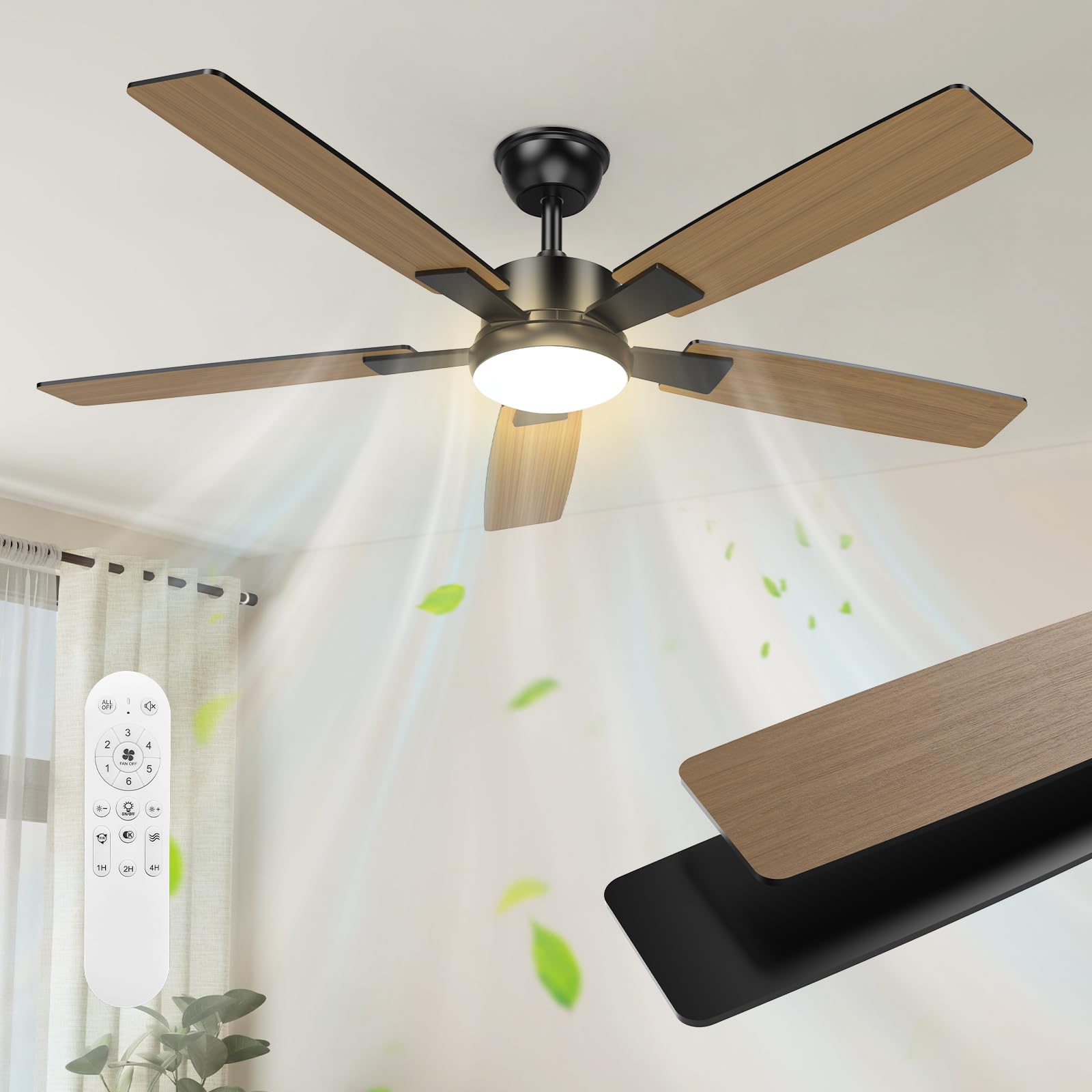 2 Colores Aspas Reversibles Ventilador de Techo con Luz Silencioso, 132cm Regulable Lampara Ventilador Techo Grande con Mando y Motor DC Reversible para Salon Dormitorio Exterior Terraza
