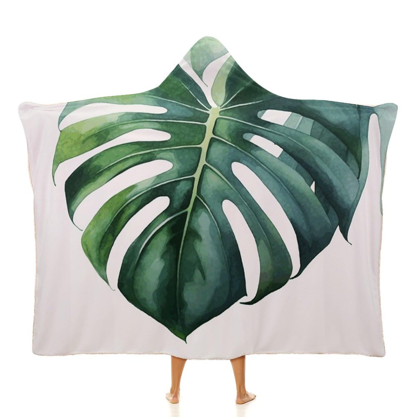 Cape à capuche imprimé feuille de Monstera aquarelle plaid portable pour voyage et bureau