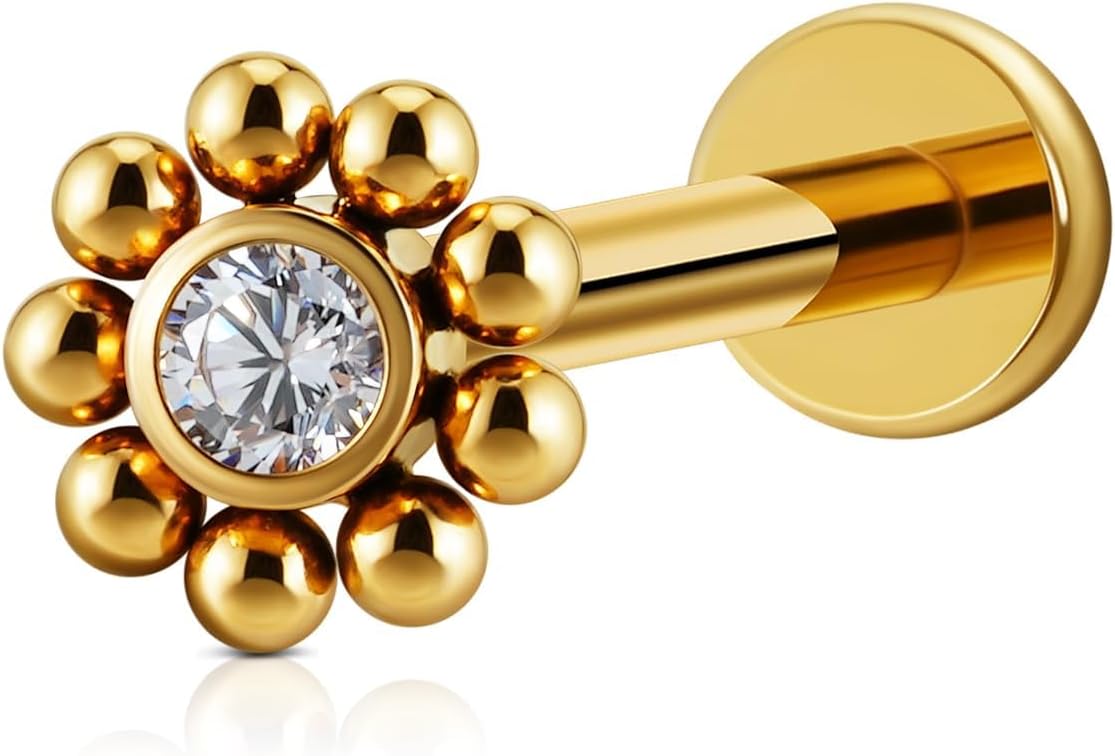 FINE4U Mini Threadless Flat Back Earring Stud for Tragus Conch Helix 18G 6mm 8mm - ASTM F136 Titanium Cartilage Piercing Jewelry