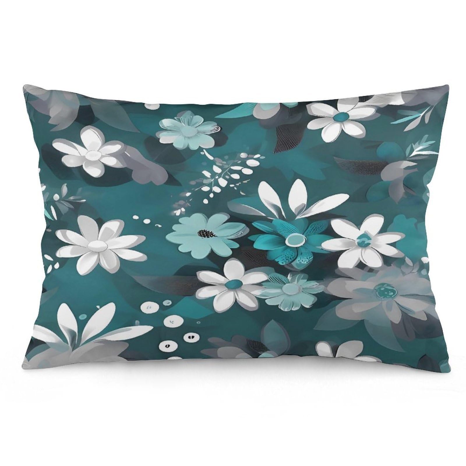 Teal Grey and White Floral_76917038 Throw Pillow Covers with Silent Zipper Polyester Pillow Protectors Removable Pillow Cases Soft Pillowcase Cozy Pillow Sham Cushion Cover for Sofa Car Bed 12 "x20