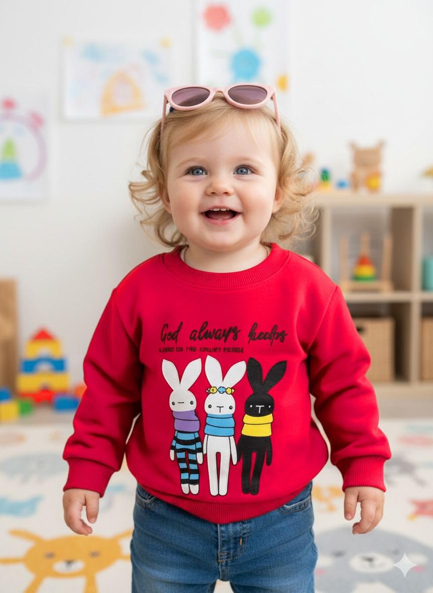 A.T.U.N. (ALL THINGS UBER NICE) Baby Girls Printed Winter Snug Fleece Sweatshirt | Soft Full Sleeve Round Neck Pullover | Warm Casual Wear for Kids Red 1
