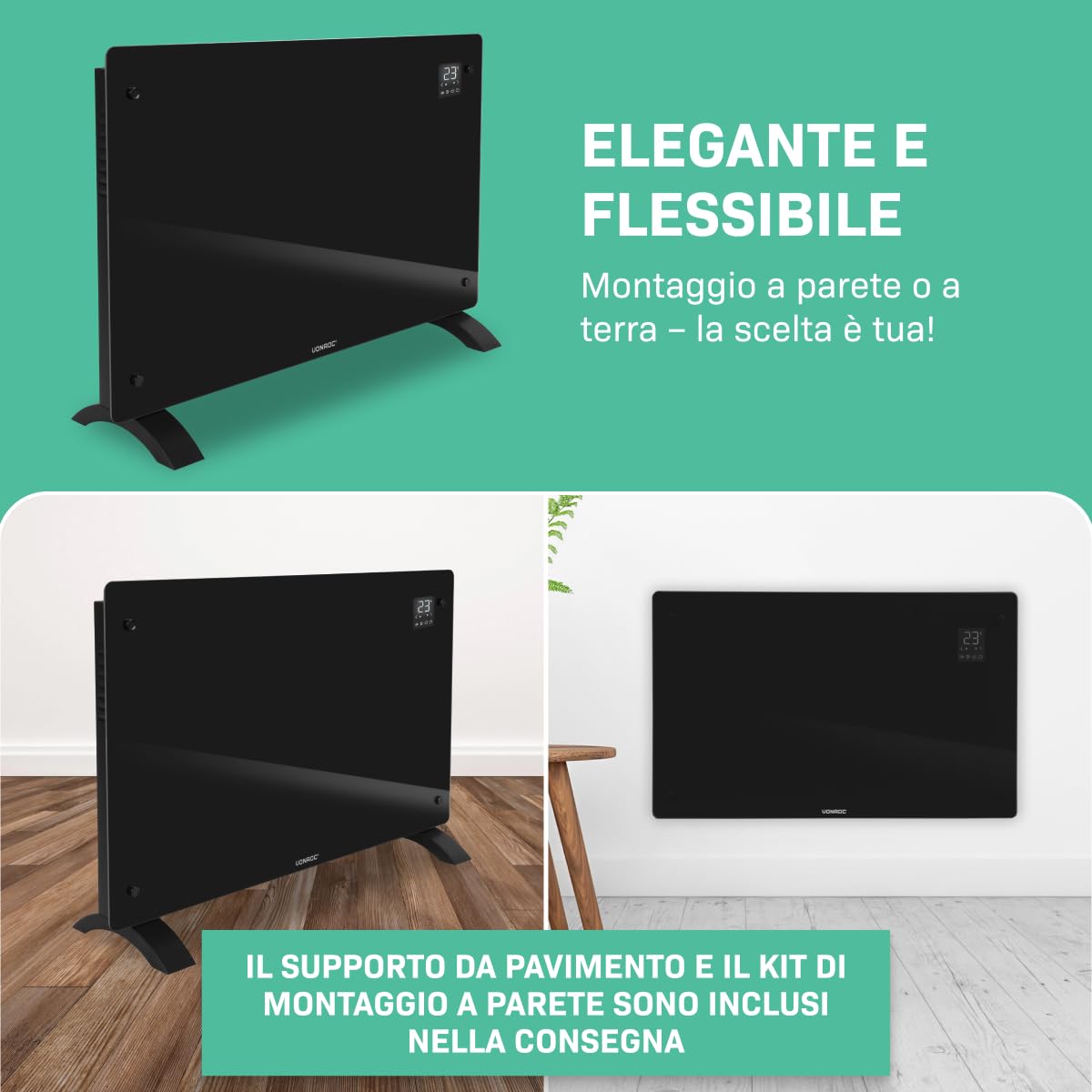 VONROC Riscaldatore elettrico di lusso | Termoconvettore smart a pannello in vetro - 2000W - | Controllo manuale e Wifi Nero