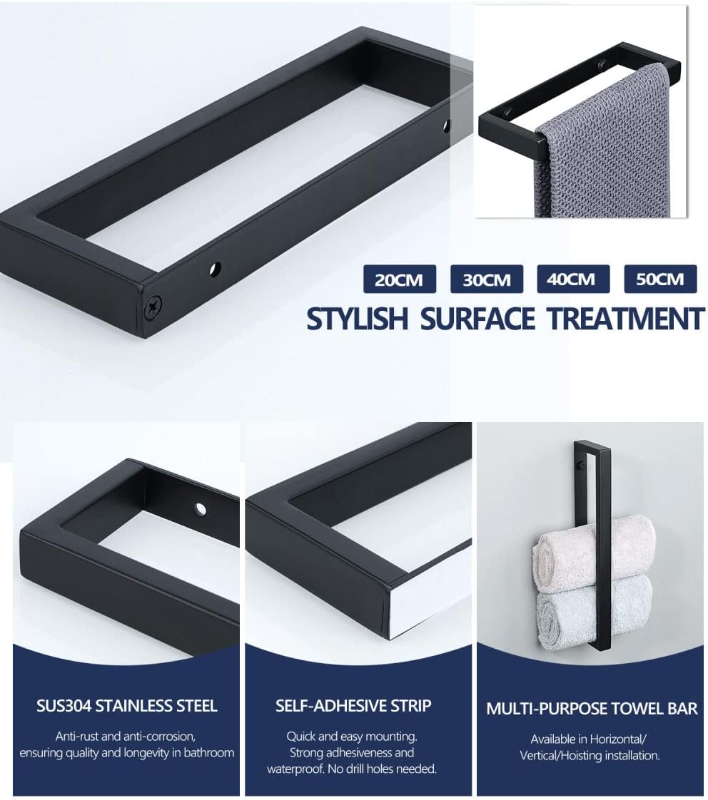 40cm 壁掛け式 ブラック タオルホルダー - 粘着リング&amp;レール 304ステンレススチール製 バスルームアクセサリー グ