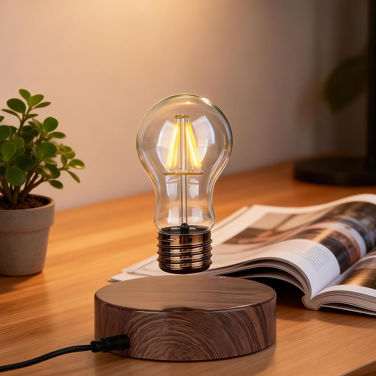 Magnetyczna lewitująca pływająca bezprzewodowa żarówka LED lampa biurkowa na wyjątkowe prezenty, wystrój pokoju, lampka nocna, dekoracja biurka do biura domowego (okrągła drewniana podstawa A)