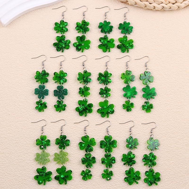 St. Patrick's Day Clover Dangle Earrings for Women Acrylic Glitter Green Clover Earrings Irish Shamrock Tassel Earrings Good Luck Holiday Jewelry Gifts - Image 2