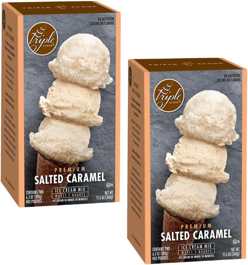Triple Scoop - Premium Salted Caramel (2) Ice Cream Mix For Ice Cream Maker. Simple, Easy, Delicious. From Gourmet Mix To Maker in 5 Minutes, Makes 2 Creamy Qrts, Made in USA (2 Pack, Salted Caramel)