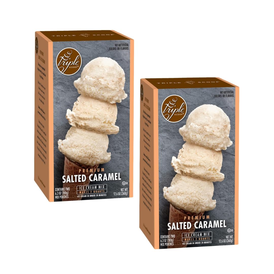 Triple Scoop - Premium Salted Caramel (2) Ice Cream Mix For Ice Cream Maker. Simple, Easy, Delicious. From Gourmet Mix To Maker in 5 Minutes, Makes 2 Creamy Qrts, Made in USA (2 Pack, Salted Caramel)
