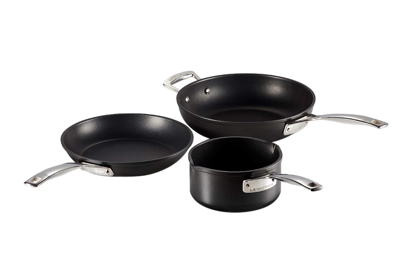 Le Creuset Set de menaje de aluminio antiadherente, 3 piezas, diámetro 16, 24 y 26 cm, para todas las fuentes de calor, incluso la inducción, Antracita/Plateado, 51804000010002