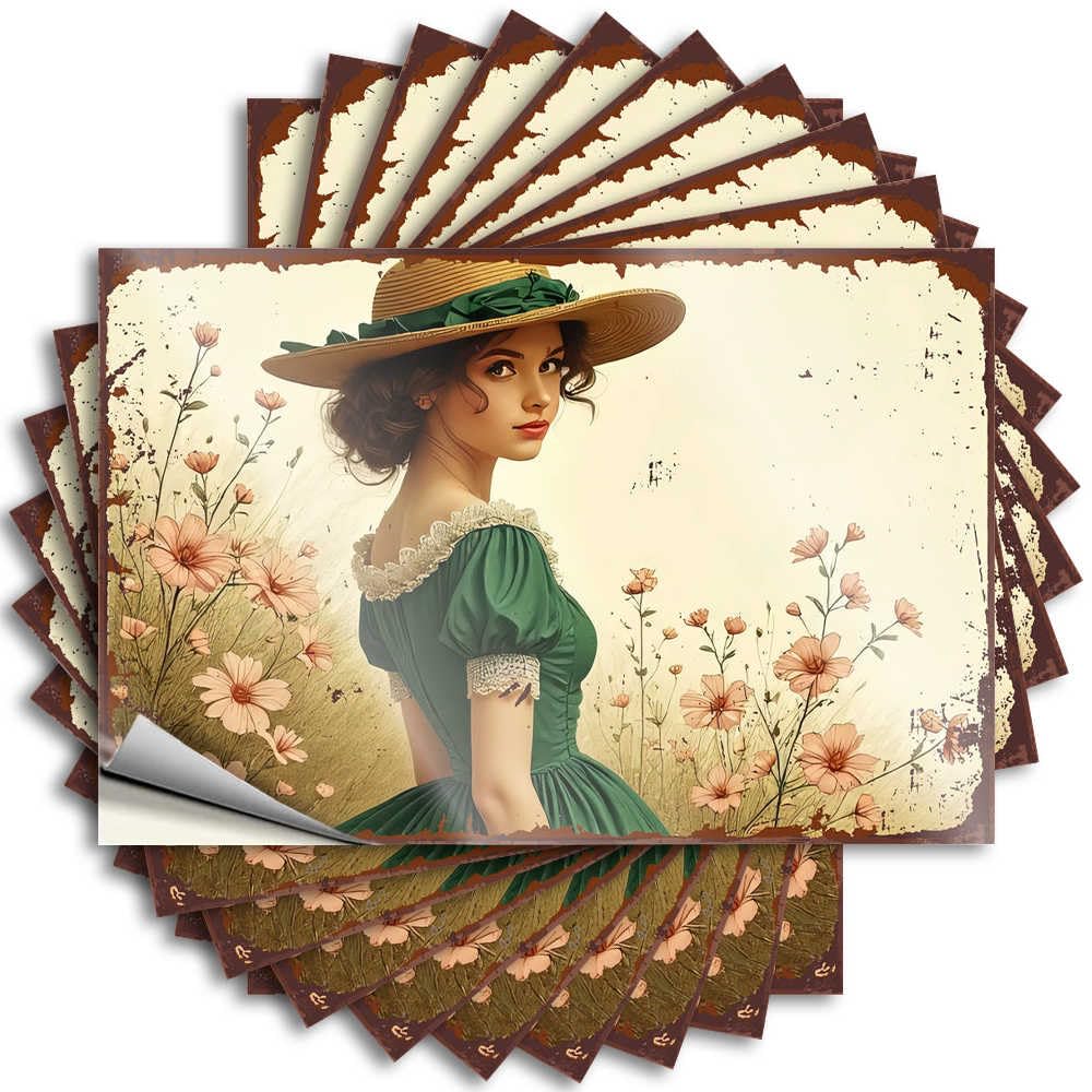 Tattoo - Bookish Window Vintage Woman in Green Dress Amidst Wildflowers for Math Music(6X9CM)