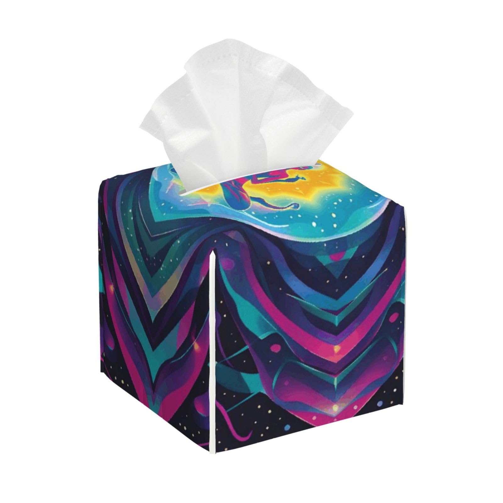 Cosmic Theme Composition Leather Tissue Box Cover Holder Square Facial Paper Organizer 5.2" X 5.2" X 5.2"