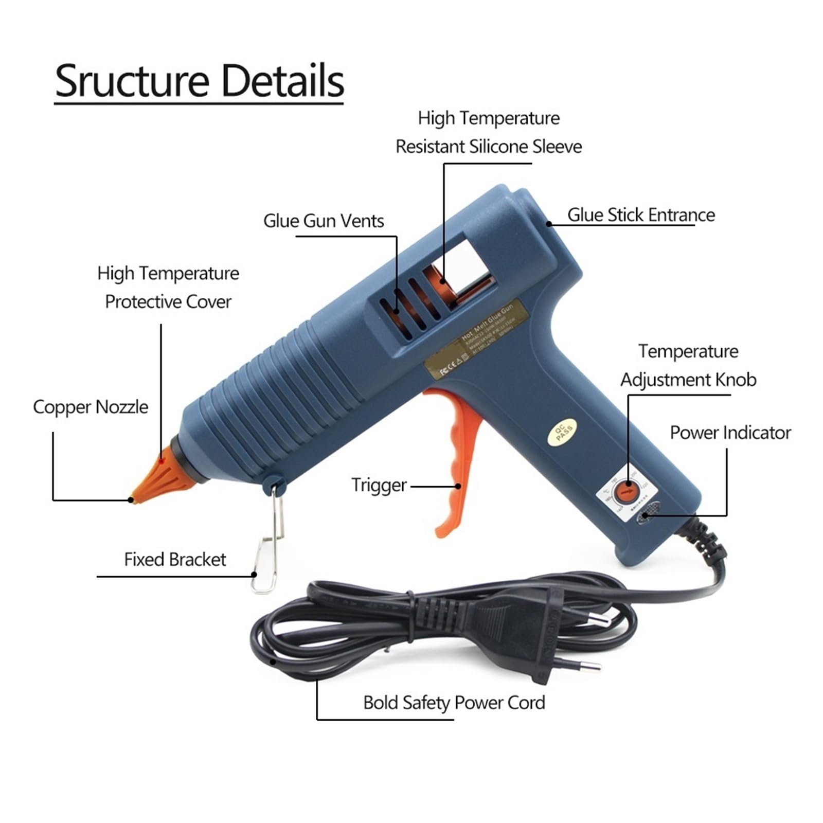 Heißklebepistole, 150 W, einstellbare Temperatur, Klebepistolendüse, 11 mm, Klebesticks, professionelle industrielle Schmelzpistole(5pc Nozzles)
