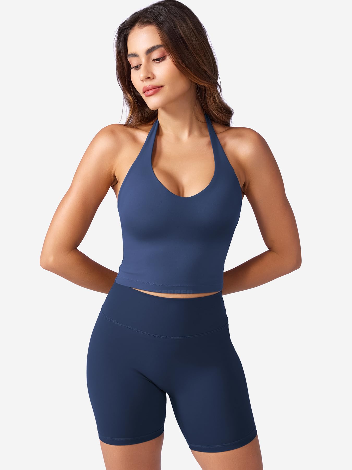 YEOREO Women's Halter Crop Top V Neck Workout Going Out Tank Top Hazel Padded Sleeveless Backless Trendy Summer Camisole