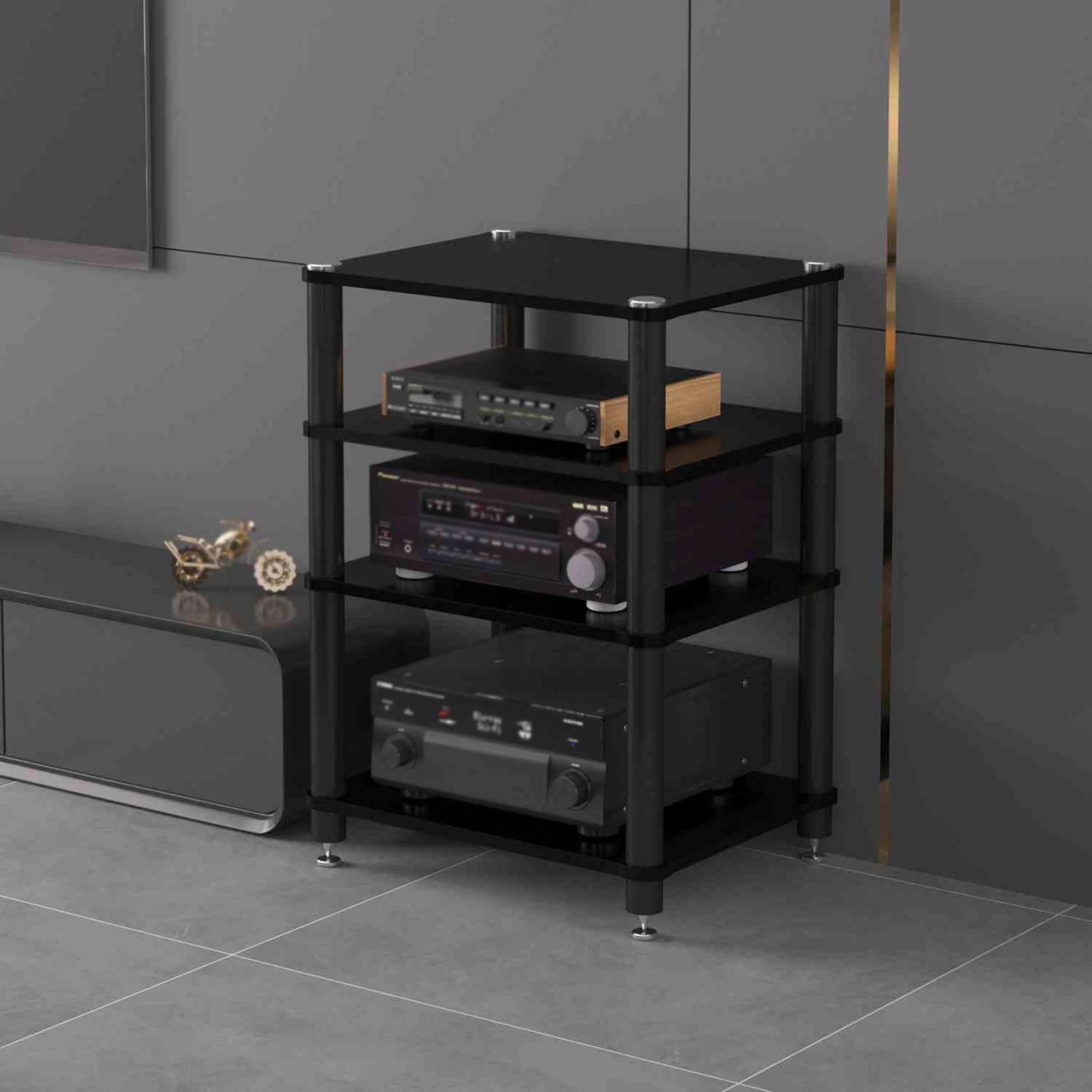 -Racks Konsola płyt winylowych, stojak audio na gramofony i systemy stereo, kompaktowa szafka na routery, półka na płyty (czarna, 49 x 48 x 81 cm)