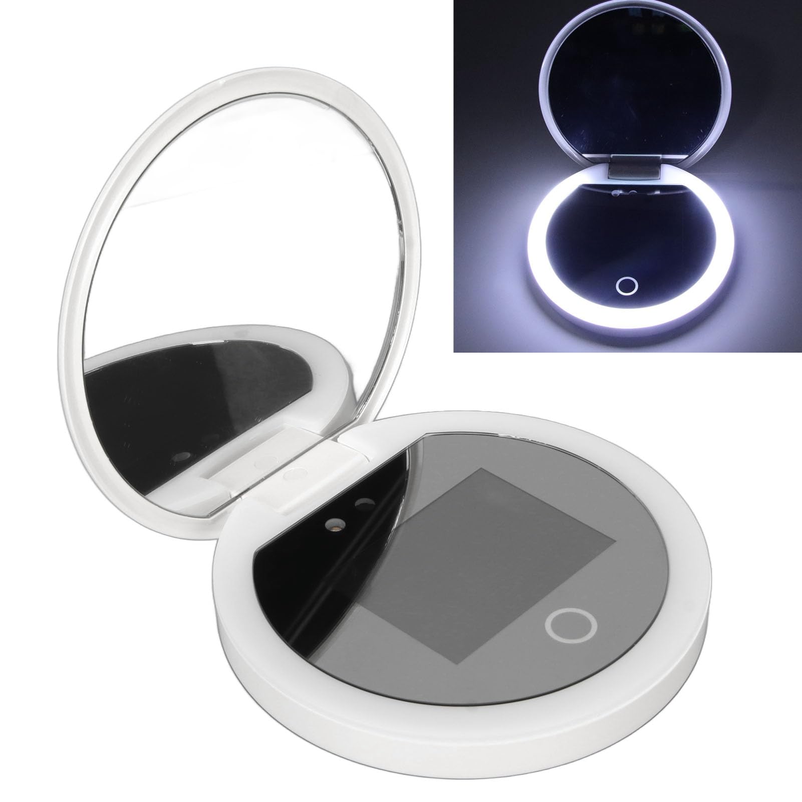 Miroir de Maquillage de Voyage éclairé par LED 3,5 Pouces - Compact Avec Test de Protection Solaire pour Caméra UV - Portable Grossissement 2X