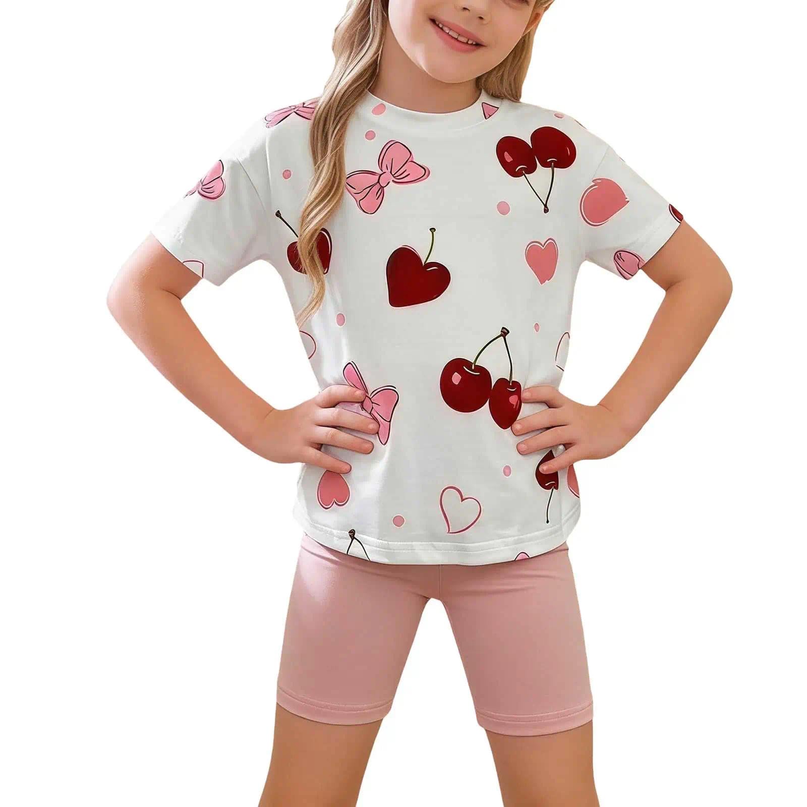 Conjunto de dos piezas de punto para niñas, camiseta de manga corta con cuello redondo y pantalones cortos hasta la rodilla estampados, estilo princesa, casual, verano — view 2