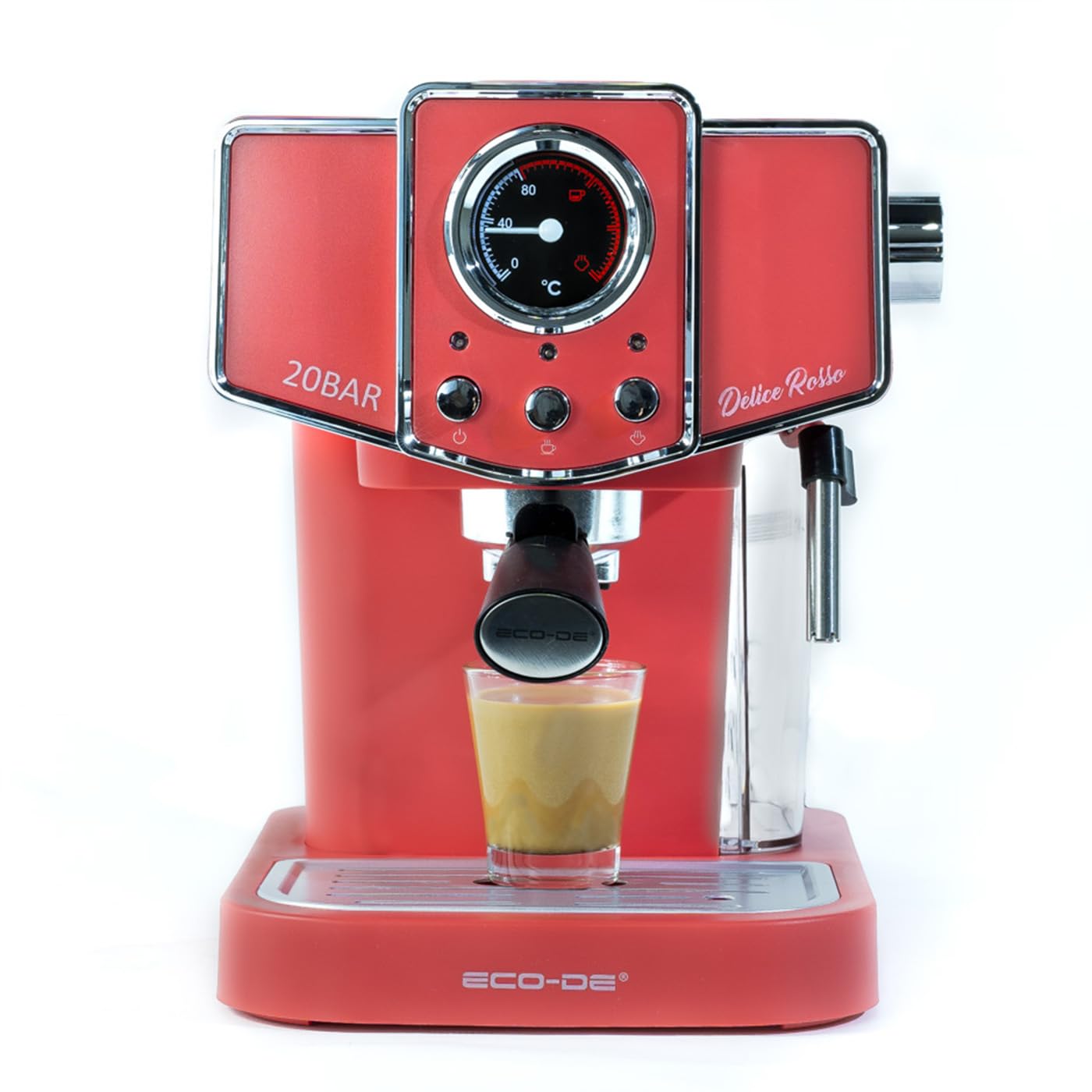 ECODE® Cafetera Express con 20 Bares de Presión y 1050 W, Vaporizador, Deposito de 1.5L, Calientatazas, Termometro, Brazo Doble Salida, Dosificador con Prensador, Mono/Doble dosis - Delice Rosso