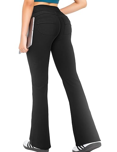 High Waisted Flared Pants with 2 Back Pockets, Ribbed Stretchy