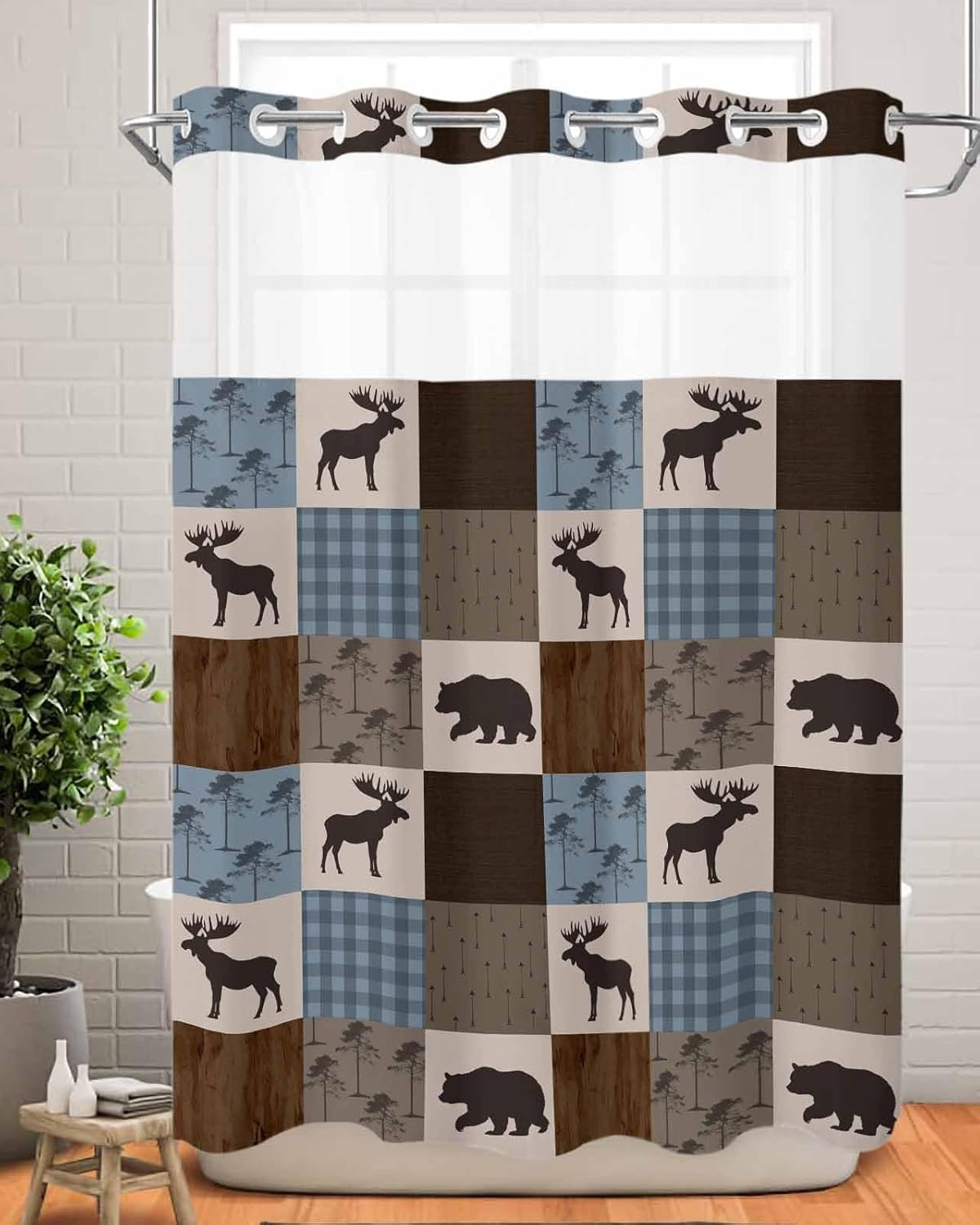 No Hook Shower Curtain and Snap in Liner Set, Blue Checkered Cabin Fabric Bathroom Stall Shower Curtains 48x72 Inch, See Through Mesh Top Window, Farmhouse Forest Brown Buffalo Plaid Hotel Style