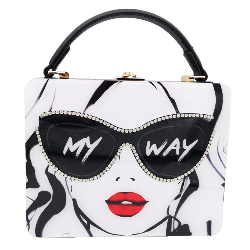 Boutique De FGG Novlety Designer MY WAY Acrylic Shoulder Bag for Women Tote Purse and Handbags Box Clutch Crossbody Bag (Black&White)
