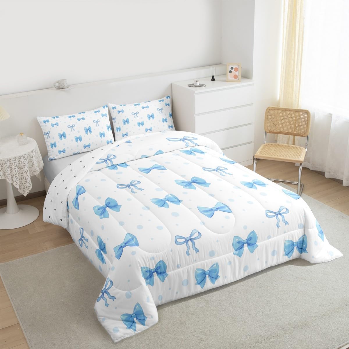Feelyou Blue Bow Comforter Set Twin Size Princess Dot Bow Bedding Set for Kids Boys Girls Cute Bowknot Duvet Quilt Bedroom Decor Microfiber 2 Pcs with 1 Pillow Cases