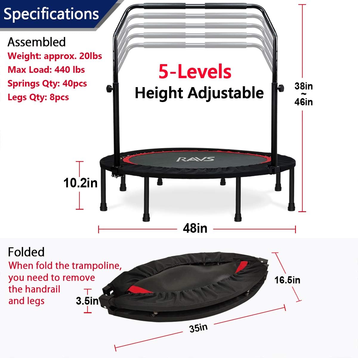 RAVS Mini Trampoline for Kids Adults 48" Foldable Fitness Rebounder Trampoline with 5 Levels Height Adjustable Handle, Resistance Bands - Exercise Trampoline Indoor Workout Max Load 440lbs : Sports & Outdoors