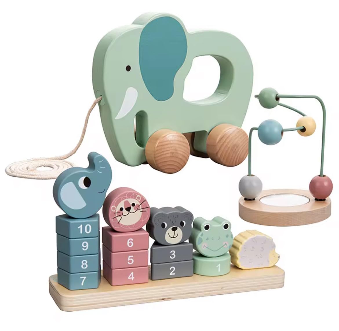 Premium Holzspielzeug Set für Kleinkinder. Multifunktionales Motorikspielzeug 3-in-1. Nachzieh-Elefant, Stapelturm & Motorikschleife. Fördert Feinmotorik, Zählen, Koordination & Wahrnehmung.