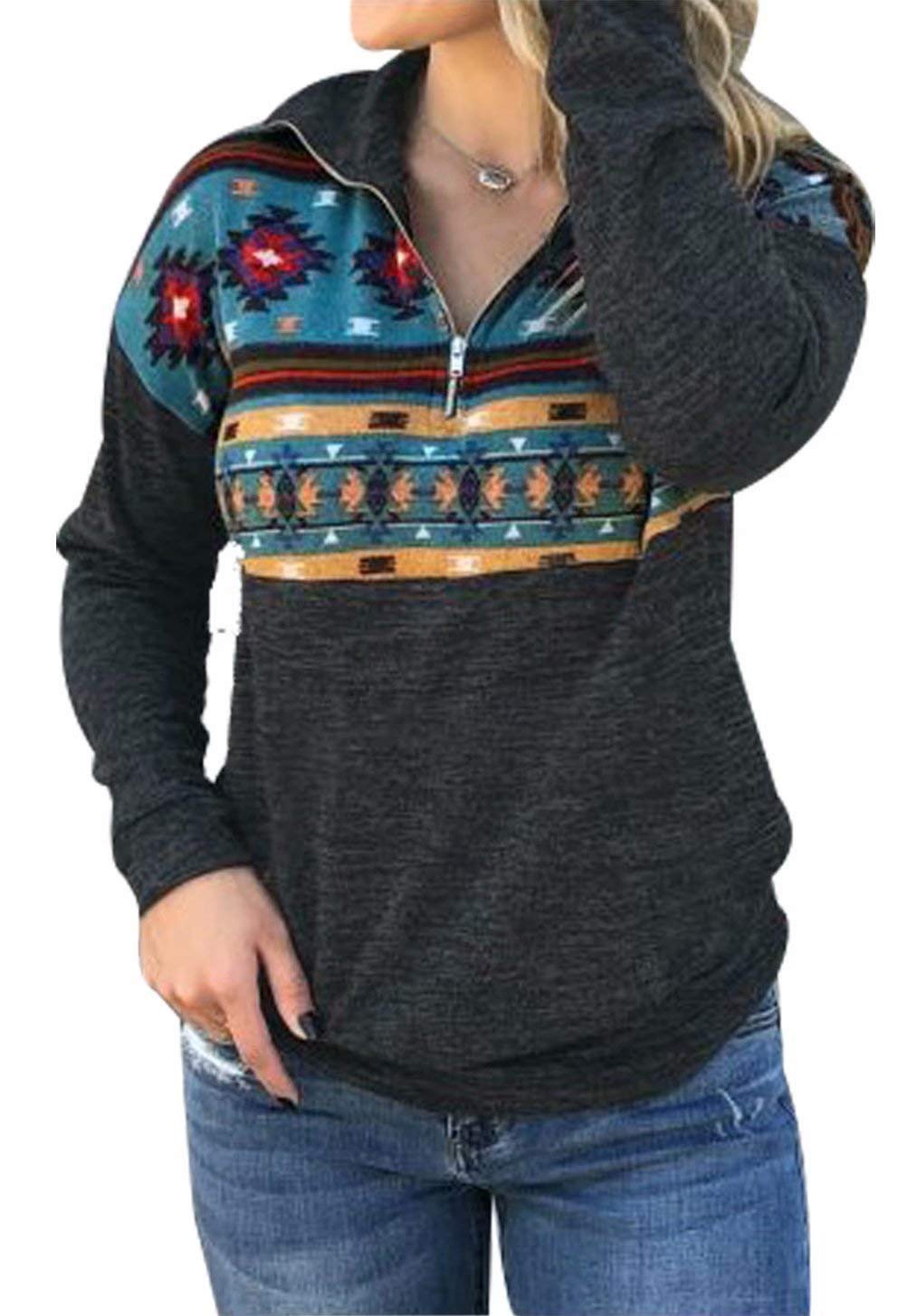 MAXIMGR Women's Casual Long Sleeve Zipper Front Geometric Print Patchwork Sweatshirts Pullover Blouse