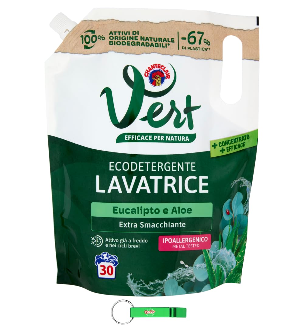 CHANTECLAIR VERT Detergente líquido Lavatrice eucalipto y aloe – Detergente ecológico Extra quitamanchas – 30 lavados, bolsa de 1200 ml + llavero Beni Culinari gratis