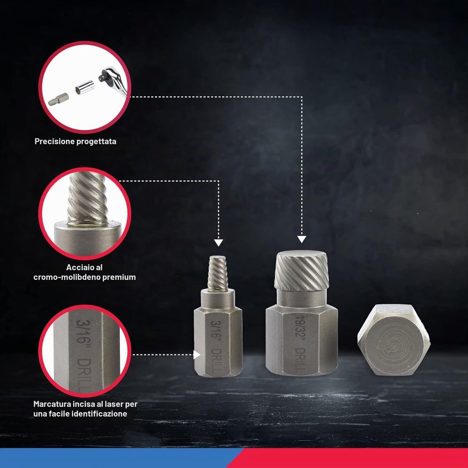 NEIKO 04204A - Set di estrattori per viti e bulloni a testa esagonale, estrazione facile da estrarre, strumento di fissaggio rotto, strumento di fissaggio spogliato, da 1/8" a 7/8" con incrementi di