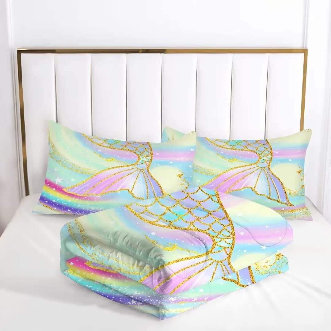 Mermaid Tail Twin Bedding Set Rainbow Comforter Set Pretty Colorful Gold Mermaid Scale Quilt for Girls Kids Toddlers Teen Bedroom Decor