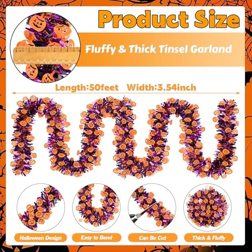 Image of 50FT Halloween Tinsel Garland, Thick Glitter Purple Orange Pumpkin Garlands Metallic Holiday Hanging Streamers for Halloween Party Supplies Indoor Outdoor Decoration