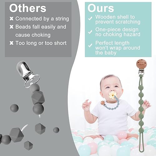 Miniatura 4 de Clips para chupetes para bebés, niños y niñas, paquete de 2 clips para chupete, clips de una pieza, diseño de clips de madera, clip de chupete para