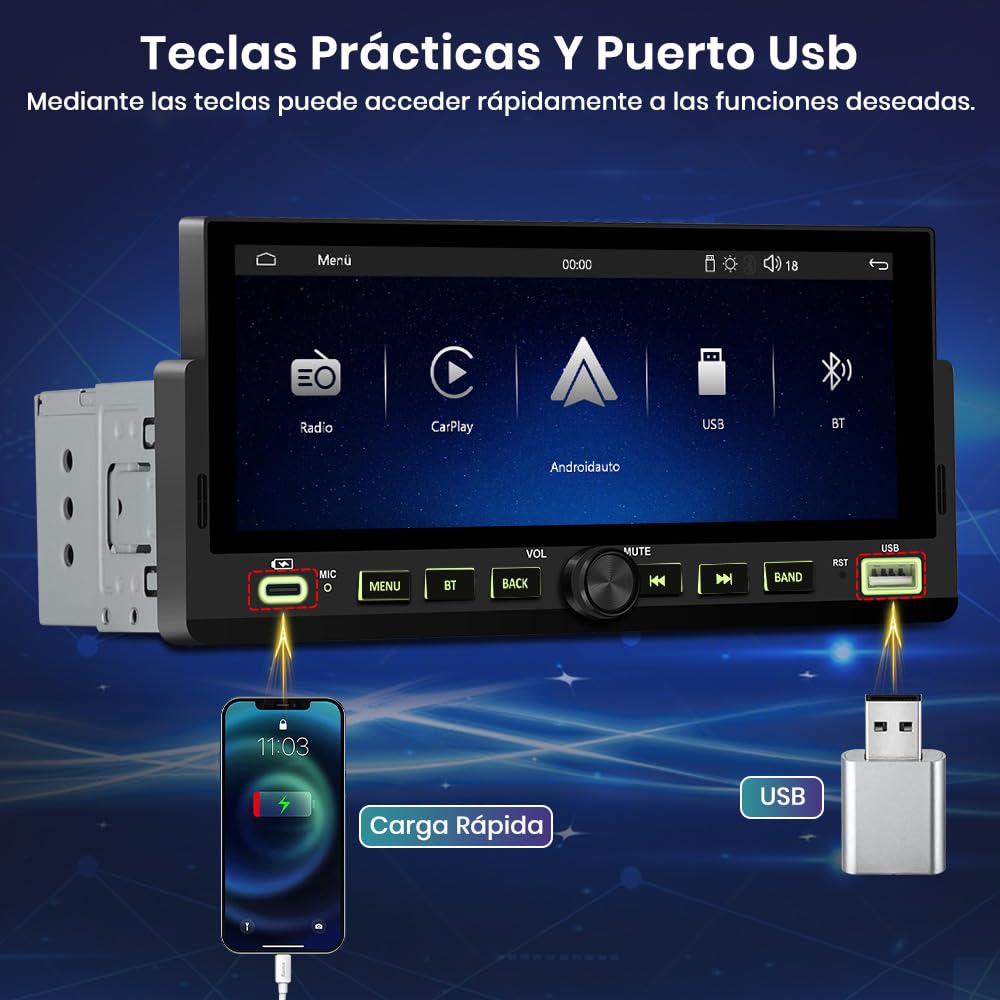 Junsun 6.86 Pulgadas 1 DIN Radio Coche Universal con Pantalla Táctil, con CarPlay/AndroidAuto/Admite Carga Type-C/USB/Micrófono/FM/EQ/GPS/Bluetooth 5.0/USB/SWC y Cámara Trasera con Cable 6M