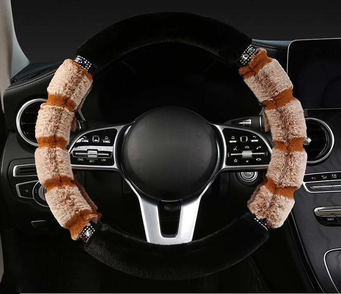 GZE Soft Fluffy Steering Wheel Cover with Bling Diamond Winter Warm Short Plush 15 Inch Universal Car Wrap Cover Fit Most Car (Coffee)