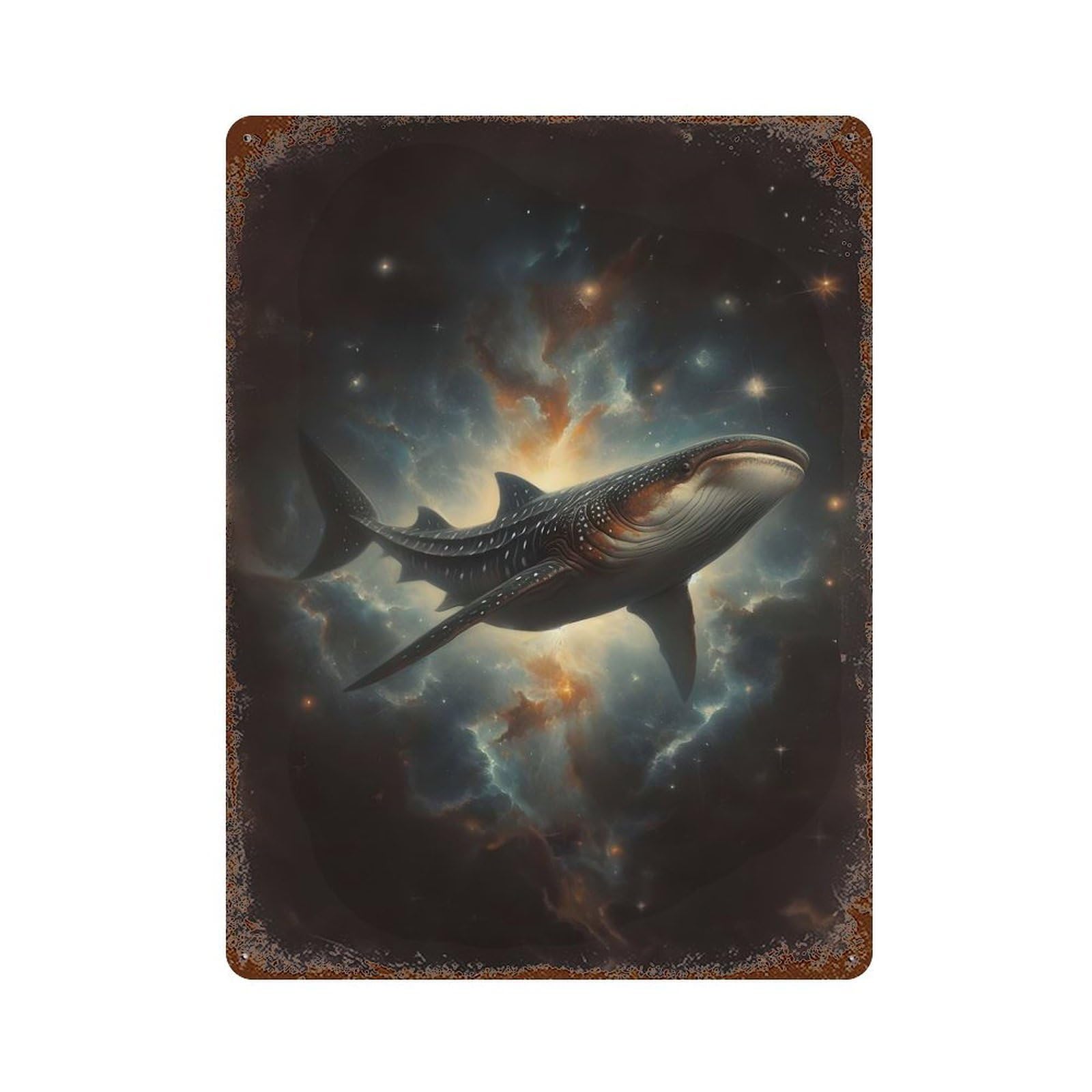 Rust Effect Whale Shark in Galaxy Weathered Tin Sign 15.7"x11.8", Novelty Wall Decor for Office, Studio And Wall Decor
