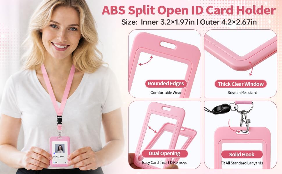 ID Badge Holder with Retractable Reel & Detachable Lanyard Clip, Double-Sided Clear Card Holder, Easy-Release Buckle, Key Card Protector for Office Teacher Nurse Student Women(Pink Vertical) thumbnail