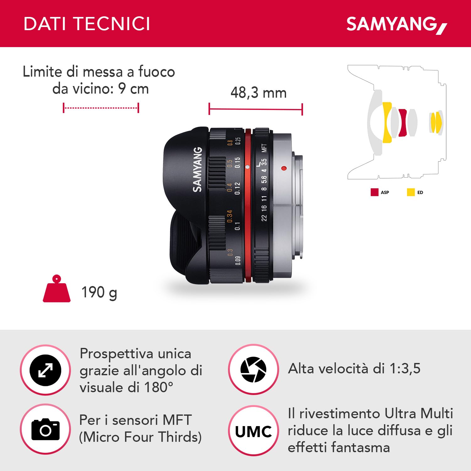 Samyang - Fisheye - 7,5 mm - f/3,5 UMC - per sensore micro 4/3 - Micro Quattro Terzi - NERO
