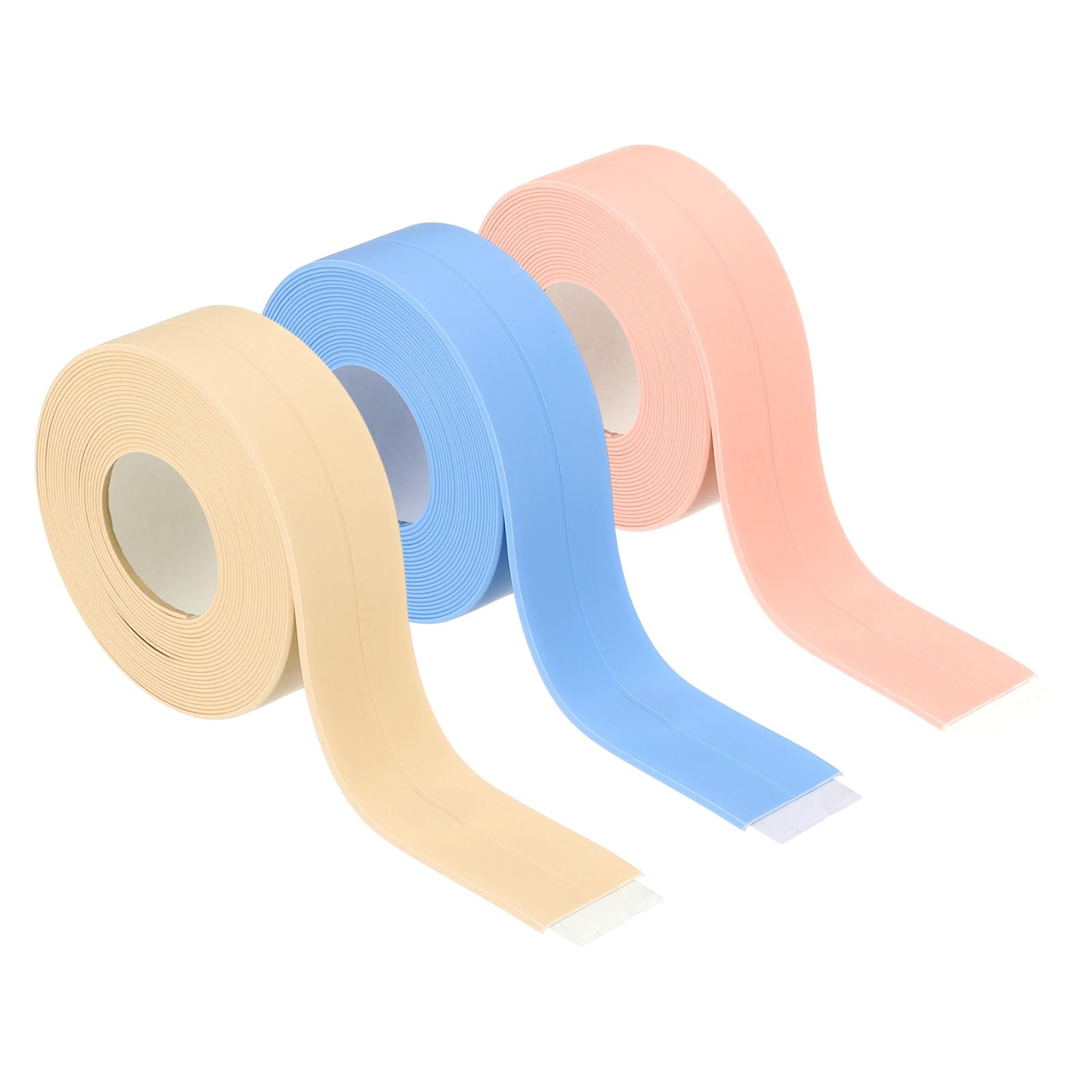 sourcing map 3 Rolls Caulk Tape Waterproof Self-Adhesive, Sealant Caulk Strip for Bathroom Bathtub Toilet Kitchen Countertop Floor Wall Edge Protector, Beige, Blue, Pink, 0.9"x10.5ft