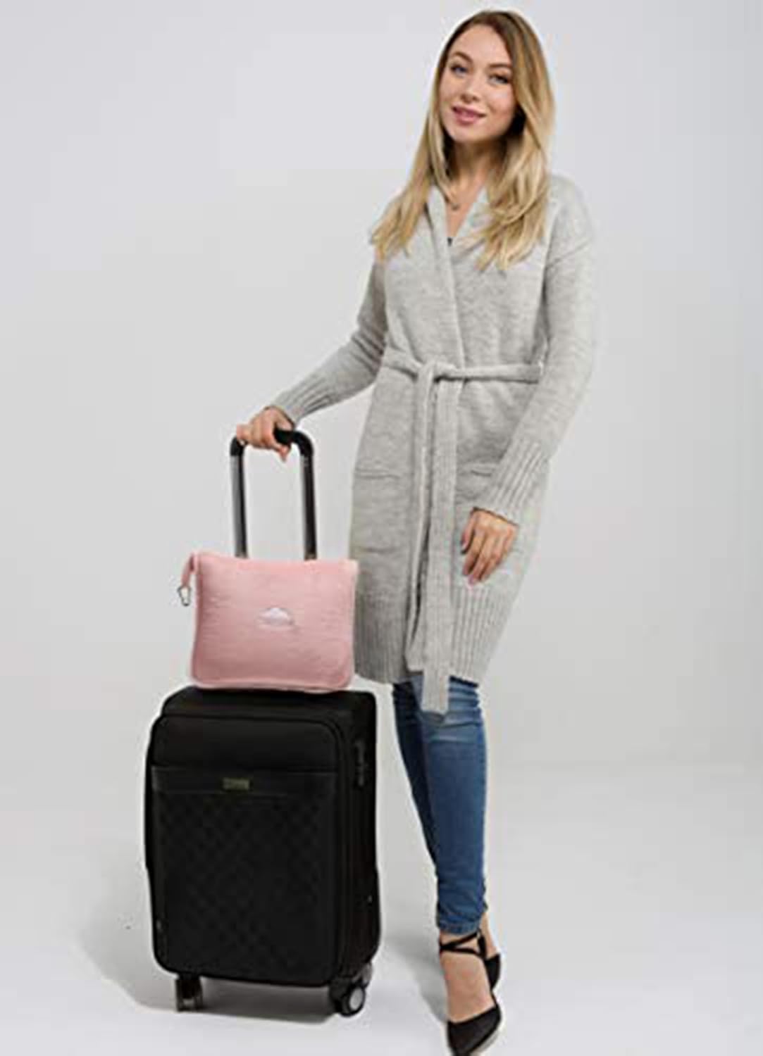 BlueHills Premium Soft Long Travel Blanket Pillow for Tall Airplane Flight Blanket 70 X48 inch Throw in Soft Bag case with Backpack Clip Compact Large Plane 2 in 1 Combo Pink T055 - Image 6