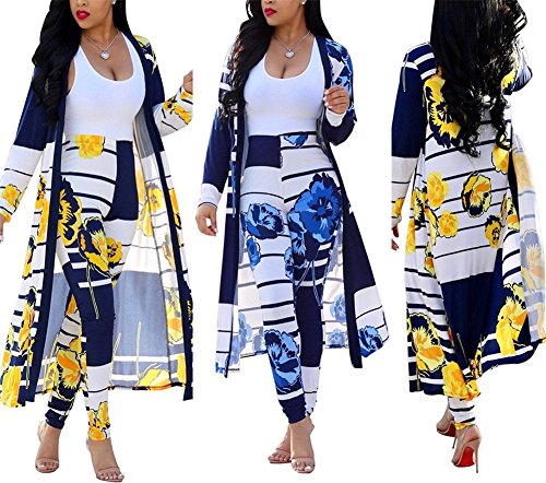 Womens Floral Print Long Sleeve Cardigan Cover Up Long Pants 2 Piece Outfits Set Blue #TOP2