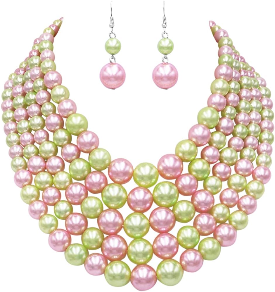 Rosemarie & Jubalee Women's 5 Colorful Multi Strands Simulated Pearl Bib Necklace And Earrings Jewelry Set, 16"+3" Extender